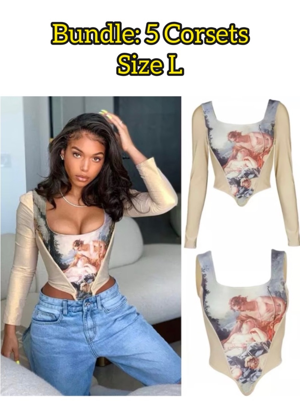 Beige Artistic Print Long-Sleeve Corset Top - Size L